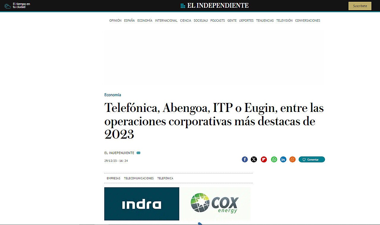 Telefnica, Abengoa, ITP o Eugin, entre las operaciones corporativas ms destacas de 2023